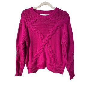 Lush Sweater Size Large Cable Knit Open Back Long Sleeve Fuchsia Pink Cozy NEW